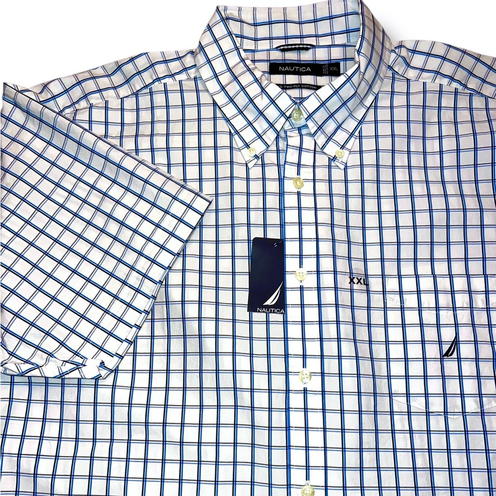 Nautica Men’s Button Shirt Plaid Short Sleeve Windowpane 80’s 2-ply Cotton XXL